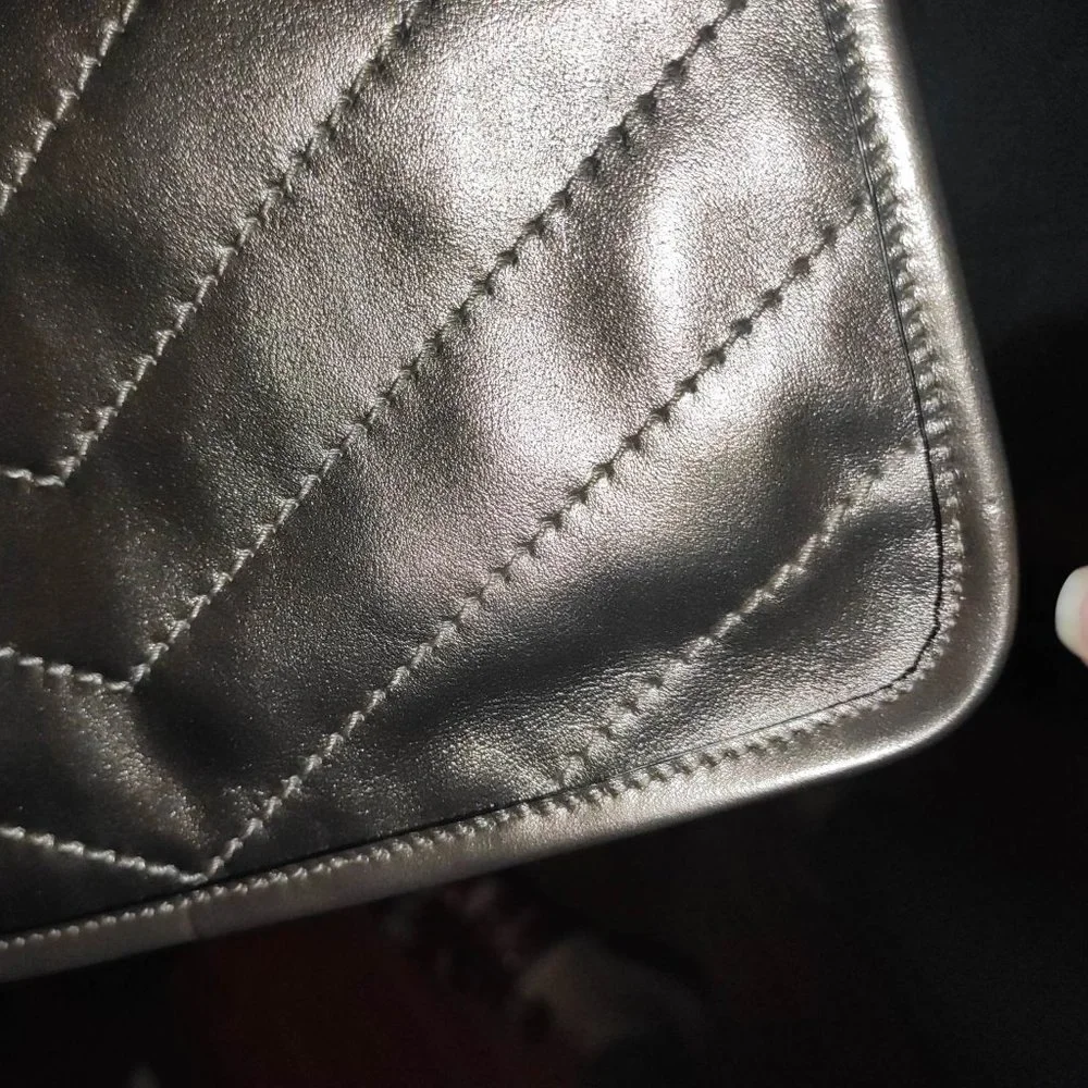 SAINT LAURENT Baby Niki Quilted Metallic Silver Leather Shoulder Bag